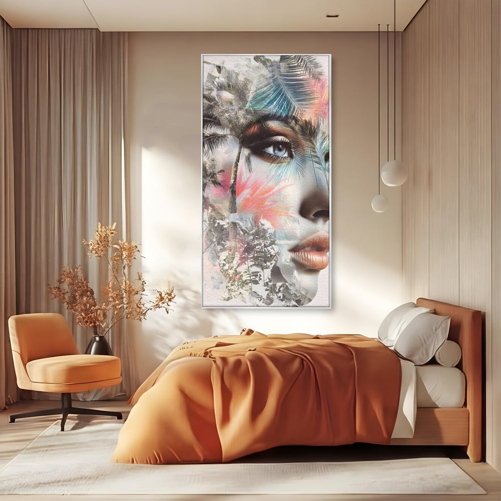 Tablou canvas cu tablou canvas cu portret feminin si palmieri, in rama de aluminiu argintiu, pe perete intr-un dormitor